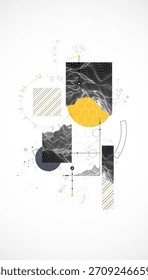 Composición Abstractas con montañas de estructura metálica, hexágonos geométricos, puntos y líneas. Vector