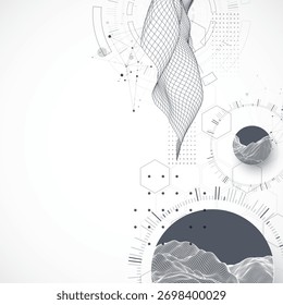 Composição abstrata com onda wireframe e círculos de tecnologia. Vetor