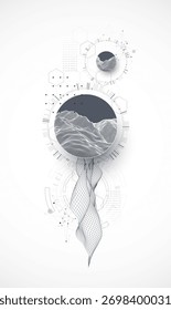 Composição abstrata com onda wireframe e círculos de tecnologia. Vetor