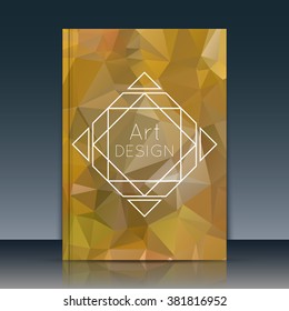 Abstract composition. Yellow a4 brochure title sheet. Ad figure design. Annual report cover. Creative text frame surface. Firm banner form. Amber crystal facets. Flyer fiber art. Logo emblem icon.    