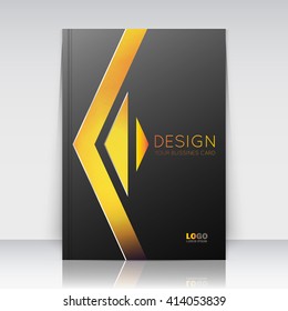 Abstract composition. Yellow figures texture. Triangle part  construction. Arrow trademark section. Black brochure title sheet. Creative logo icon surface. Dark banner form. Firm identity. Flyer font.