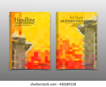 Abstract composition. Yellow, orange mosaic inlay texture. Cover construction. Urban city view banner form. A4 brochure title sheet. Creative flat block figure icon. Building surface. Flyer text font.