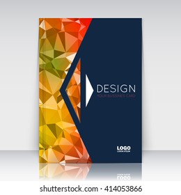 Abstract composition. Yellow, orange polygonal texture. Triangle rademark construction. Lines plexus section. Black brochure title sheet. Creative arrow figure icon surface. Banner form. Flyer font.