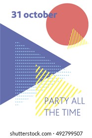 Abstract composition.Memphis design style.  brochure title sheet, patch part construction. Super hype poster on the white background with blue triangle
