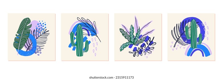 Composiciones abstractas con hojas, arcoiris y texturas simples. Bonitos jardines tropicales. Diseño moderno para carteles, cubiertas, tarjetas, decoración interior.