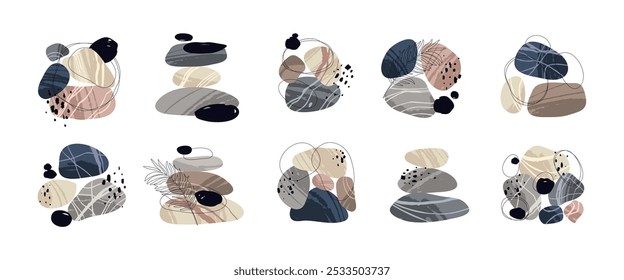 Composiciones Abstractas hechas de guijarros. Piedras lisas redondeadas de la costa, arte minimalista contemporáneo, diferentes texturas, Elementos botánicos doodle, Vector ordenado aislado plano de dibujos animados