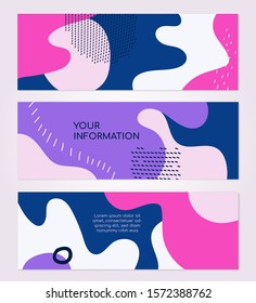 Abstract compositions - set of modern horizontal banners with place for your text, information. High quality poster templates with purple, pink, white, blue splashes of colors, textures, strokes