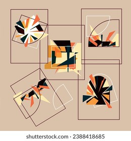 Composiciones abstractas establecidas para el afiche de impresión, etiqueta del logotipo de portada y diversos usos. Composiciones caóticas con fragmentos nítidos y formas geométricas ilustraciones vectoriales en un estilo moderno