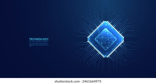 Abstrakter Computerchip auf einer Leiterplatte. Hellblauer polygonaler Halbleiter auf dunkelblauem Hintergrund. Moderner Computerprozessor von. CPU-Mikrochip-Draufsicht. KI oder Technik-Konzept. Vektorillustration.