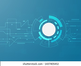 Abstract Computer Digital Technology background. Futuristic circuit board blue virtual graphic interface. Blank white 3d paper circle.  