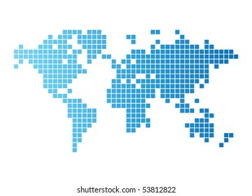 Abstract Computer Graphic World Map Of Blue Tiles. Vector Illustration.