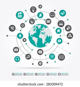 Abstract computer network with integrated circles and icons for digital,  network, internet, connect, social media, communicate. File is saved in AI10 EPS version. 