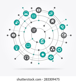 Abstract computer network with integrated circles and icons for digital,  network, internet, connect, social media, communicate. File is saved in AI10 EPS version. 