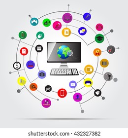 Abstract computer network with integrated circles and icons for digital, network, internet, connect, social media, communicate