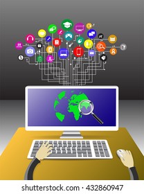 Abstract computer network with integrated circles and icons for digital, network, internet, connect, social media, communicate