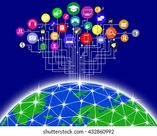 Abstract computer network with integrated circles and icons for digital, network, internet, connect, social media, communicate