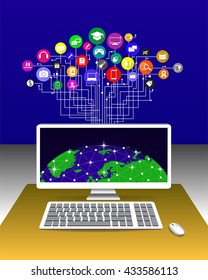 Abstract computer network with integrated circles and icons for digital, network, internet, connect, social media, communicate