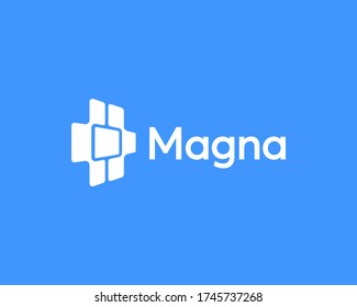 Abstract computer processor chip logo icon isolated on blue background. Cross, plus, cpu with circuit board sign logotype design template element. Vector Illustration.