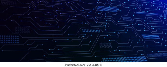 Abstract computer technology with circuit board and electronic elements background. Futuristic connecting dots lines and digital data concept backdrop. Vector illustration