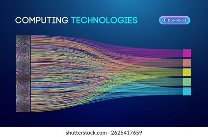 Abstract computing technologies visualization with colorful data streams, structured information flow, and digital processing on a dark background, representing artificial intelligence, big data, and