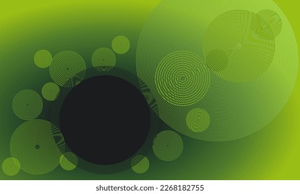 Abstract concentric circle background design with overlaping circle pattern on gradient black green background. For organic green food voucher template flyer plant based advertising