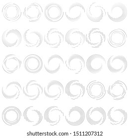Abstract concentric circle. Spiral, swirl, twirl element. Circular and radial lines volute, helix. Segmented circle with rotation. Abstract radiating arc lines. Geometric cochlear, vortex illustration
