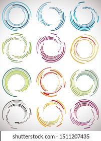 Abstract concentric circle. Spiral, swirl, twirl element. Circular and radial lines volute, helix. Segmented circle with rotation. Abstract radiating arc lines. Geometric cochlear, vortex illustration