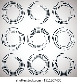 Abstract concentric circle. Spiral, swirl, twirl element. Circular and radial lines volute, helix. Segmented circle with rotation. Abstract radiating arc lines. Geometric cochlear, vortex illustration