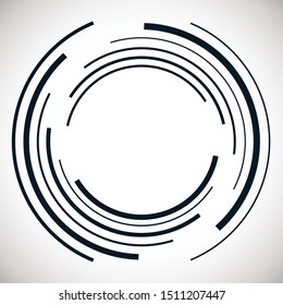 Círculo concéntrico abstracto. Espiral, giratoria, elemento giratorio. Líneas circulares y radiales volutas, helix. Círculo segmentado con rotación. Líneas de arco radiante abstractas. Coclear geométrico, ilustración vórtice