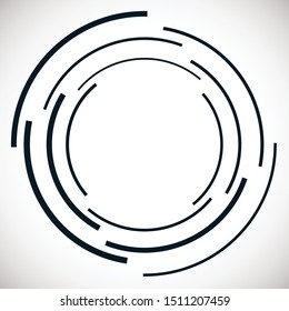 Abstract concentric circle. Spiral, swirl, twirl element. Circular and radial lines volute, helix. Segmented circle with rotation. Abstract radiating arc lines. Geometric cochlear, vortex illustration
