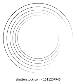 Abstract concentric circle. Spiral, swirl, twirl element. Circular and radial lines volute, helix. Segmented circle with rotation. Abstract radiating arc lines. Geometric cochlear, vortex illustration