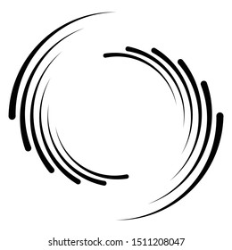 Abstract concentric circle. Spiral, swirl, twirl element. Circular and radial lines volute, helix. Segmented circle with rotation. Abstract radiating arc lines. Geometric cochlear, vortex illustration
