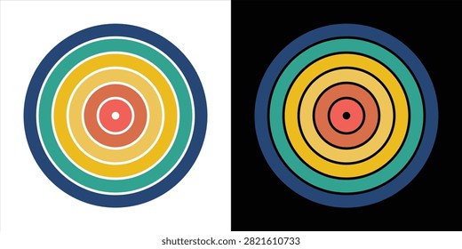 Abstract concentric circle target rings set, colorful circular geometry progress scale, radar bullseye, flat vector illustration on light and dark background.