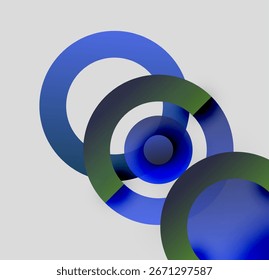 Abstract concentric circles, blue, dark green hues. Minimalist design, soft gradients, modern aesthetic. Simple composition, layered shapes.