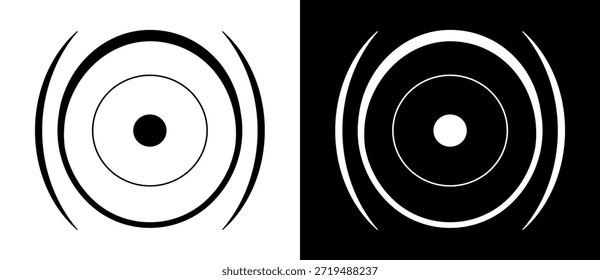 Círculos concéntricos Abstractas con punto central y arcos curvos. Diseño geométrico en blanco y negro ideal para logotipo, icono, fondo o concepto visual en temas de tecnología y arte.
