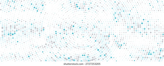 Círculos concêntricos abstratos formados por cruzes e símbolos de adição. Fundo de saúde moderno com elementos geométricos azuis. Design mínimo limpo para apresentações hospitalares ou clínicas.