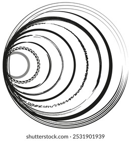 Abstract concentric circles. Rotating radial lines. Geometric black and white pattern.
