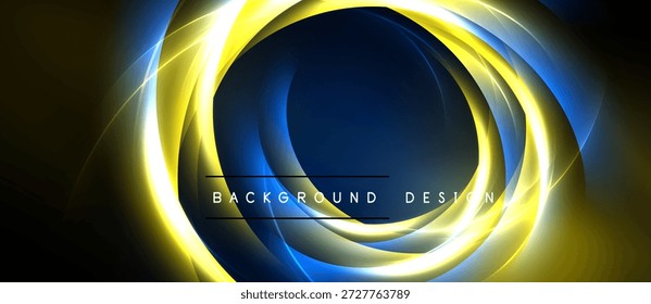 Círculos concéntricos Abstractas, azul vibrante, tonos amarillos. El fondo oscuro crea un efecto visual dramático. Elemento de diseño moderno.