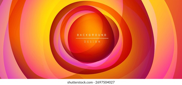 Círculos concêntricos abstratos, tons amarelos e laranja vibrante. Design moderno, efeito gradiente, texto lê design de fundo.