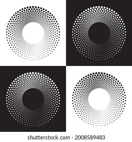 Abstract concentric halftone circular frame background. Halftone circle dots texture, pattern, object, backdrop set for various purposes.