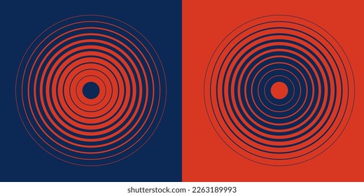 Resumen de elementos concéntricos hipnóticos de círculo aislados en un fondo. Patrón de anillo de color de medio tono. Concepto de patrón de línea circular para una onda sonora, radio, sonar Ilustración vectorial geométrica