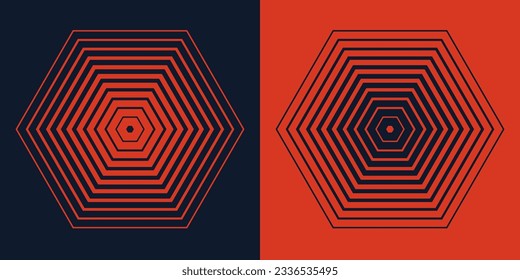 Resumen de elementos hexágonos concéntricos hipnóticos aislados en un fondo. Patrón de polígono de color de medio tono. Concepto de patrón de línea de sonido para radio, sonar o onda. Ilustración vectorial geométrica