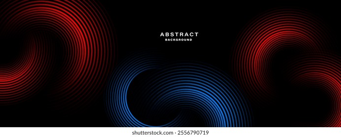 Abstract concentric red and blue line pattern on black background vector.