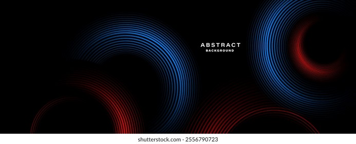 Abstract concentric red and blue line pattern on black background vector.