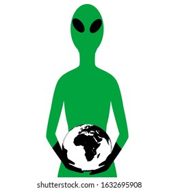 Abstract concept with alien holding the Earth globe in his hands