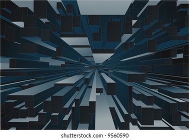 an abstract concept background of floating blocks flying about representing information flow