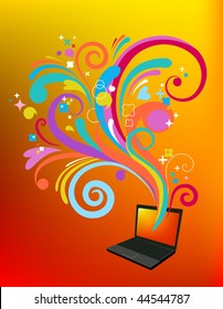 abstrakter Konzepthintergrund mit Laptop und vielen Design-Elementen