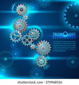 Abstract concept background with rotating gears and place for a text. Vector illustration.