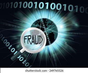 An abstract concept binary computer information data globe being searched with a magnifying glass for internet fraud