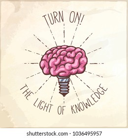 Abstract concept of brain like a light bulb. Creative hand-drawn vector idea logo. 